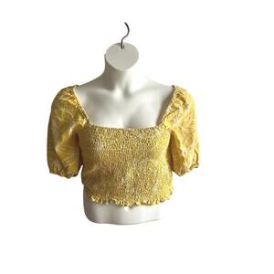 Butter Yellow Cropped Top Size L Linen Blend Puff Sleeve Cottagecore Prairie